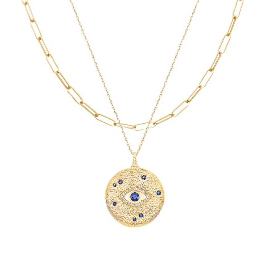 14K Yellow Gold The Mystic Evil Eye and Paperclip Necklace Set - Chakra Lounge