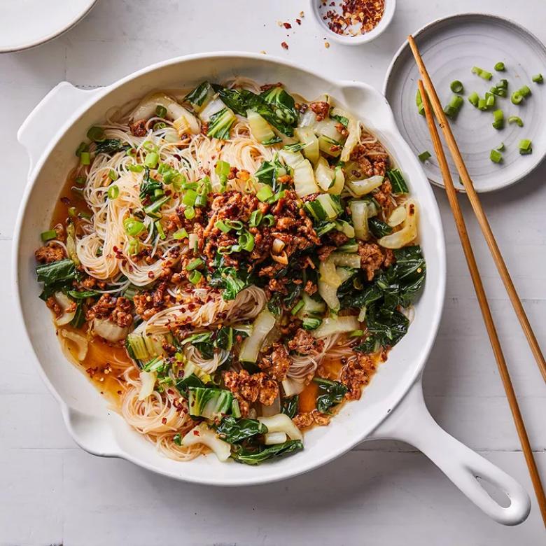 Spicy Noodles with Pork, Scallions & Bok Choy - Chakra Lounge