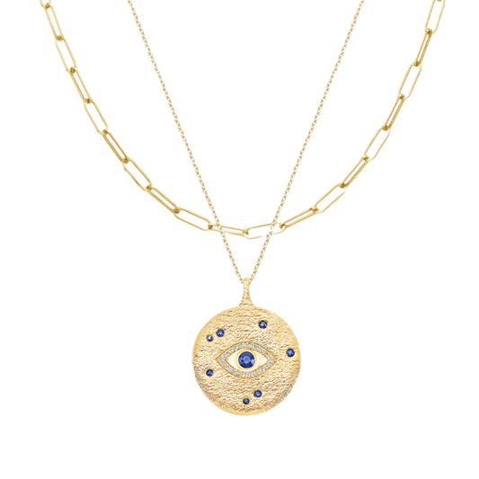 14K Yellow Gold The Mystic Evil Eye and Paperclip Necklace Set