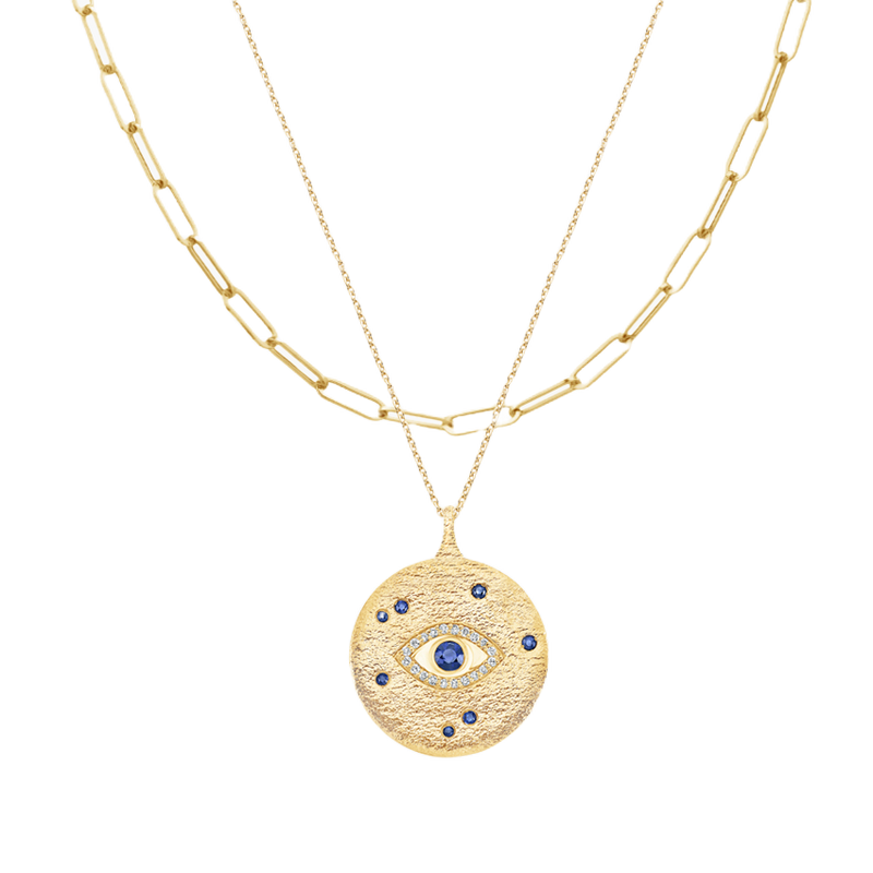 14K Yellow Gold The Mystic Evil Eye and Paperclip Necklace Set