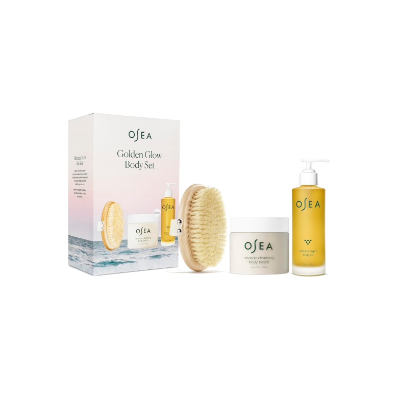 OSEA Golden Glow Full Body Set - Includes Undaria Algae Body Oil (5oz), Cleansing Body Polish (10oz), & Plant-Based Body Dry Brush