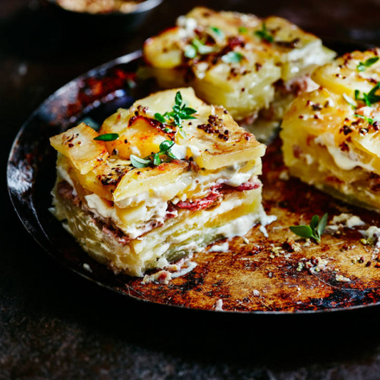 Dauphinoise potatoes with ham hock and mustard