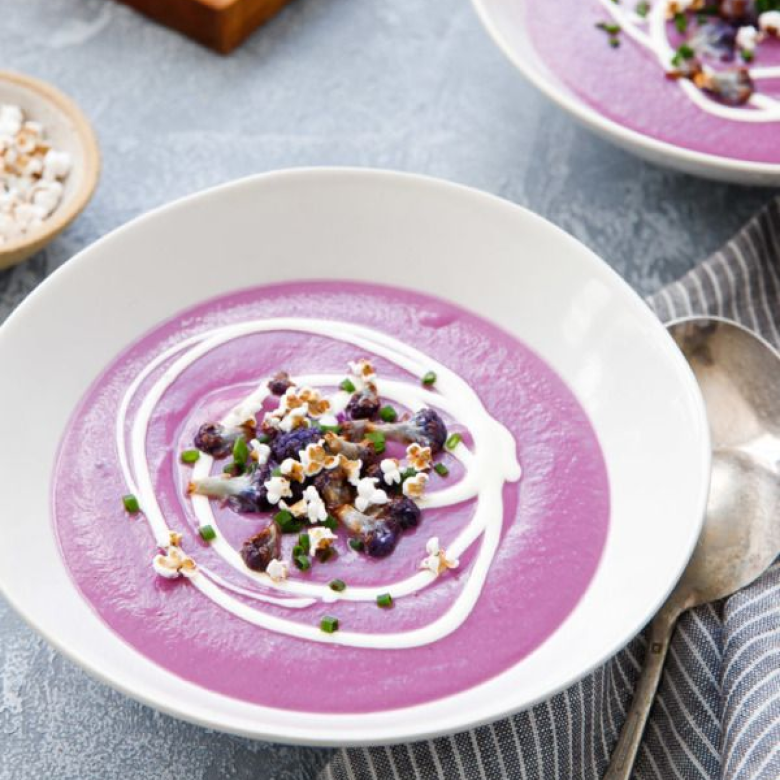 Purple Cauliflower & Sweet Potato Soup with Popped Sorghum