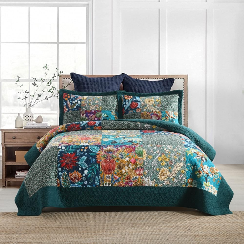 Queen Size Vintage Floral Turquoise Bedspread