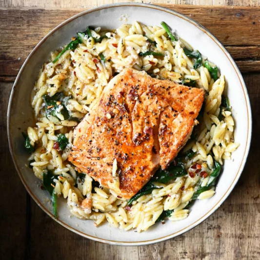 One Skillet Salmon with Lemon Orzo