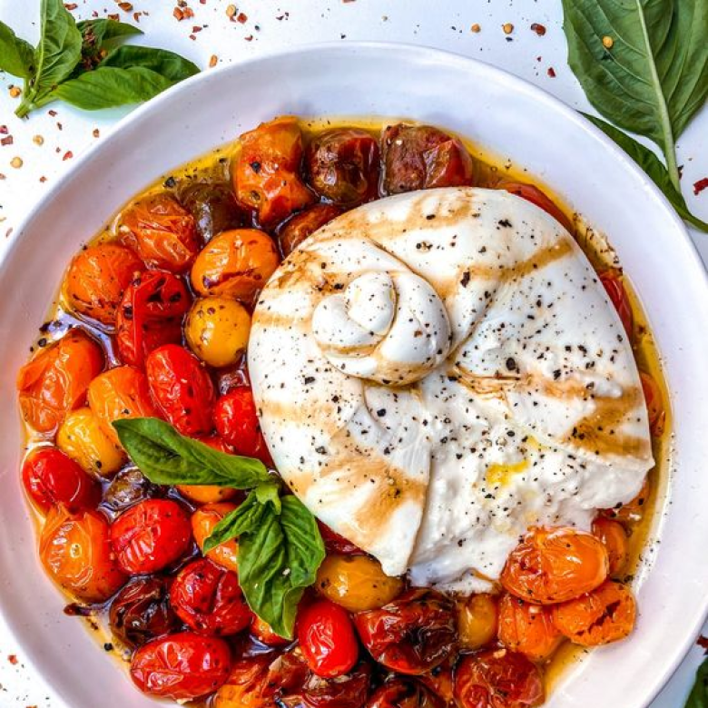 Oven Roasted Tomatoes and Burrata Salad - Chakra Lounge