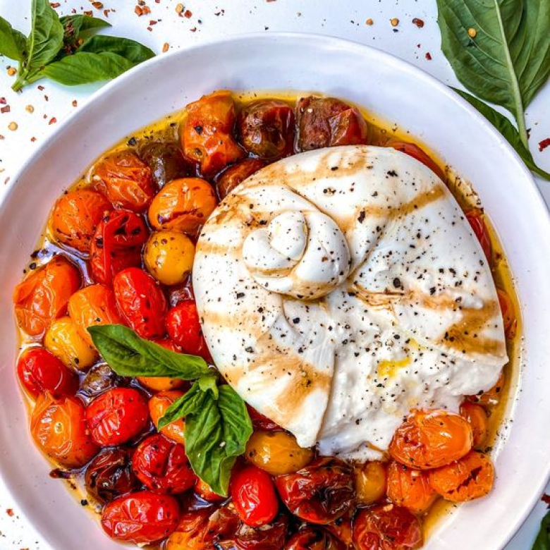 Oven Roasted Tomatoes and Burrata Salad