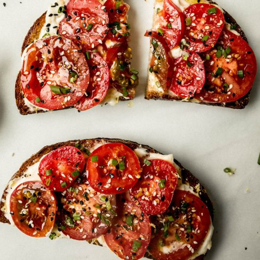 Tomato Toast with Chives and Sesame Seeds