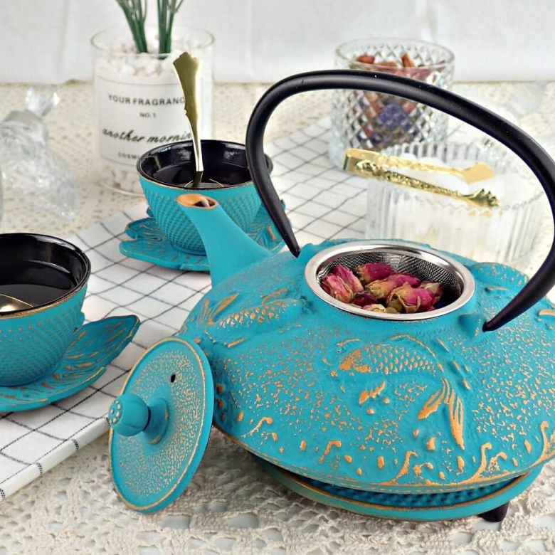 Turquoise Koi Cast Iron Tea Pot with 2 Tea Cups