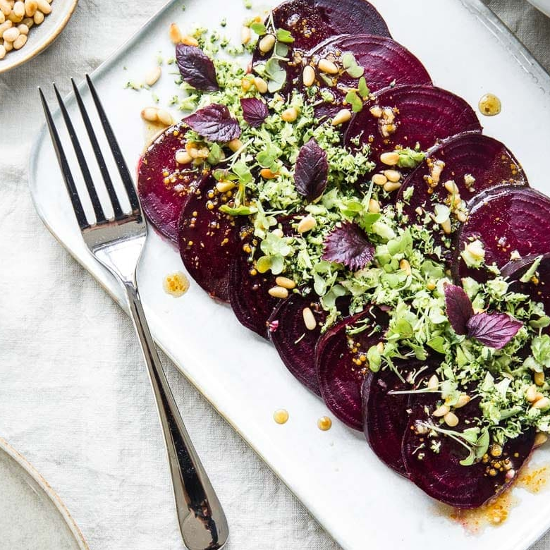 Vegan Beetroot Carpaccio With Zesty Broccoli Crumb