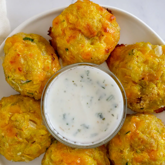 Yellow Squash Tots with Garlicky Yogurt Dip